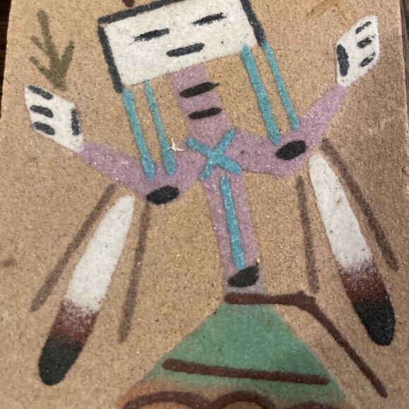 Pair Navajo Sand Art Painting  American Southwest Vintage On Wood MCM - Picture 8 of 9